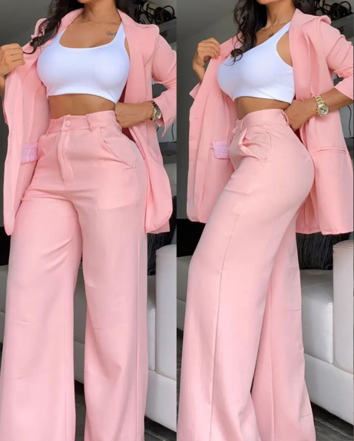 2025 New Style of European and American Women's Elegant Solid Color Open Sleeve Lapel Suit Bag Straight Trouser Suit - Image 3