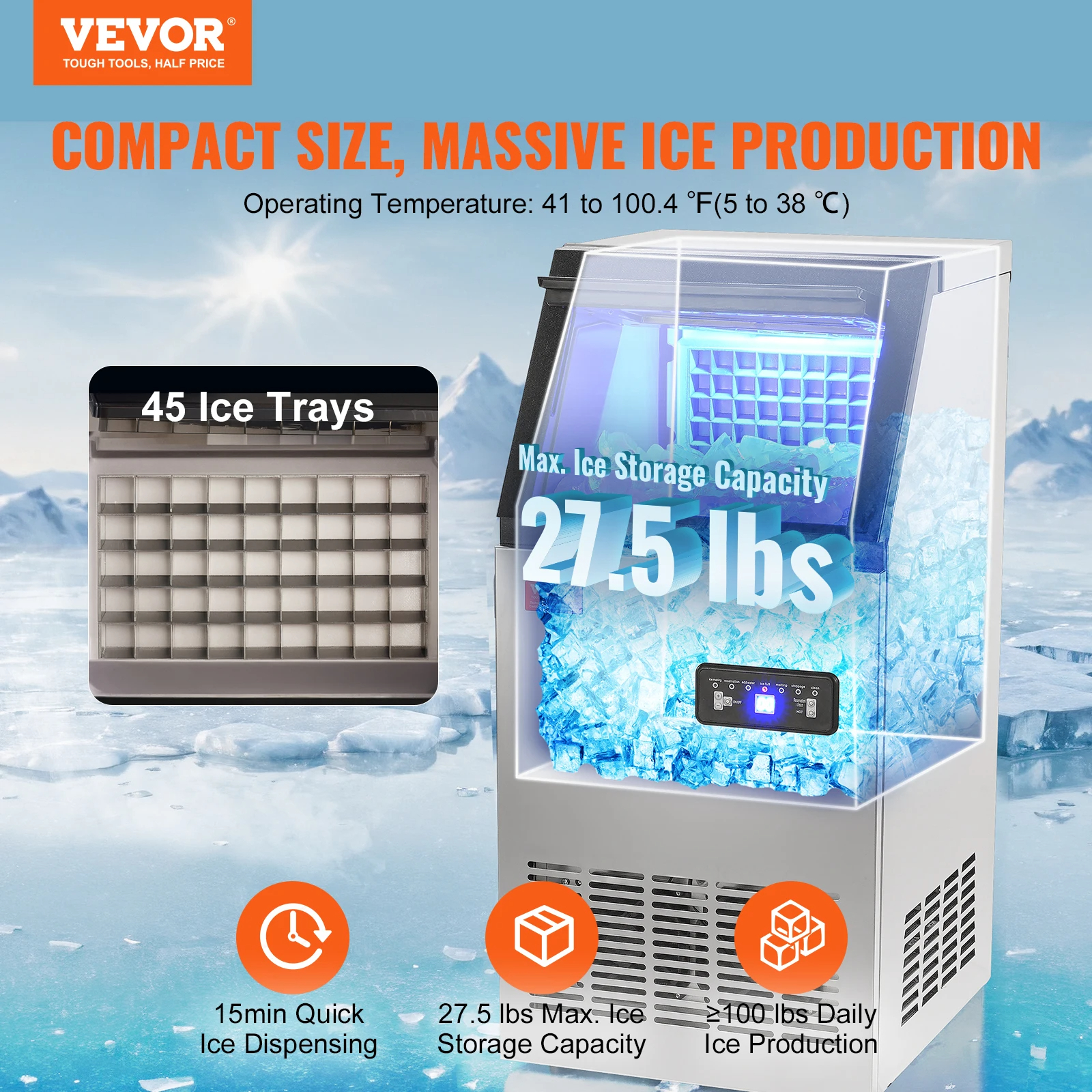 SucceBuy Commercial Ice Maker 100lbs/24H Ice Making Machine 45 Ice Cubes in 12-15 Minutes Freestanding Cabinet Ice Maker - Image 4