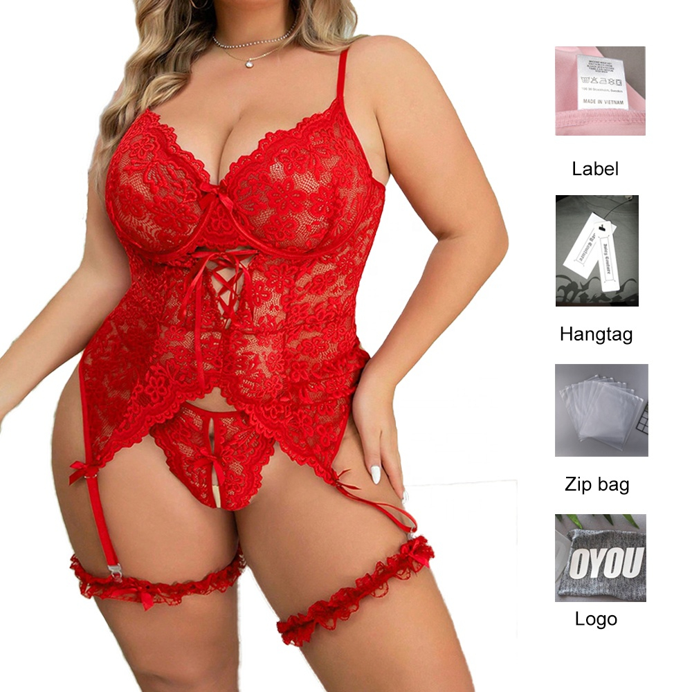 ODM OEM Private Label Plus Big Size 3XL 4XL Lingerie Plus Size Women Red Shop Designs Three Piece Fat Lingerie - Image 4