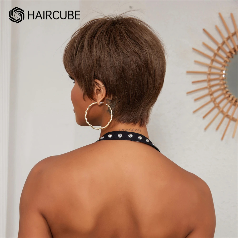 Remy Human Hair Wigs for Women Brown Pixie Cut Lace Frontal Wigs Short Straight Layered Bob Wigs with Bangs HD Transprent Lace - Image 3