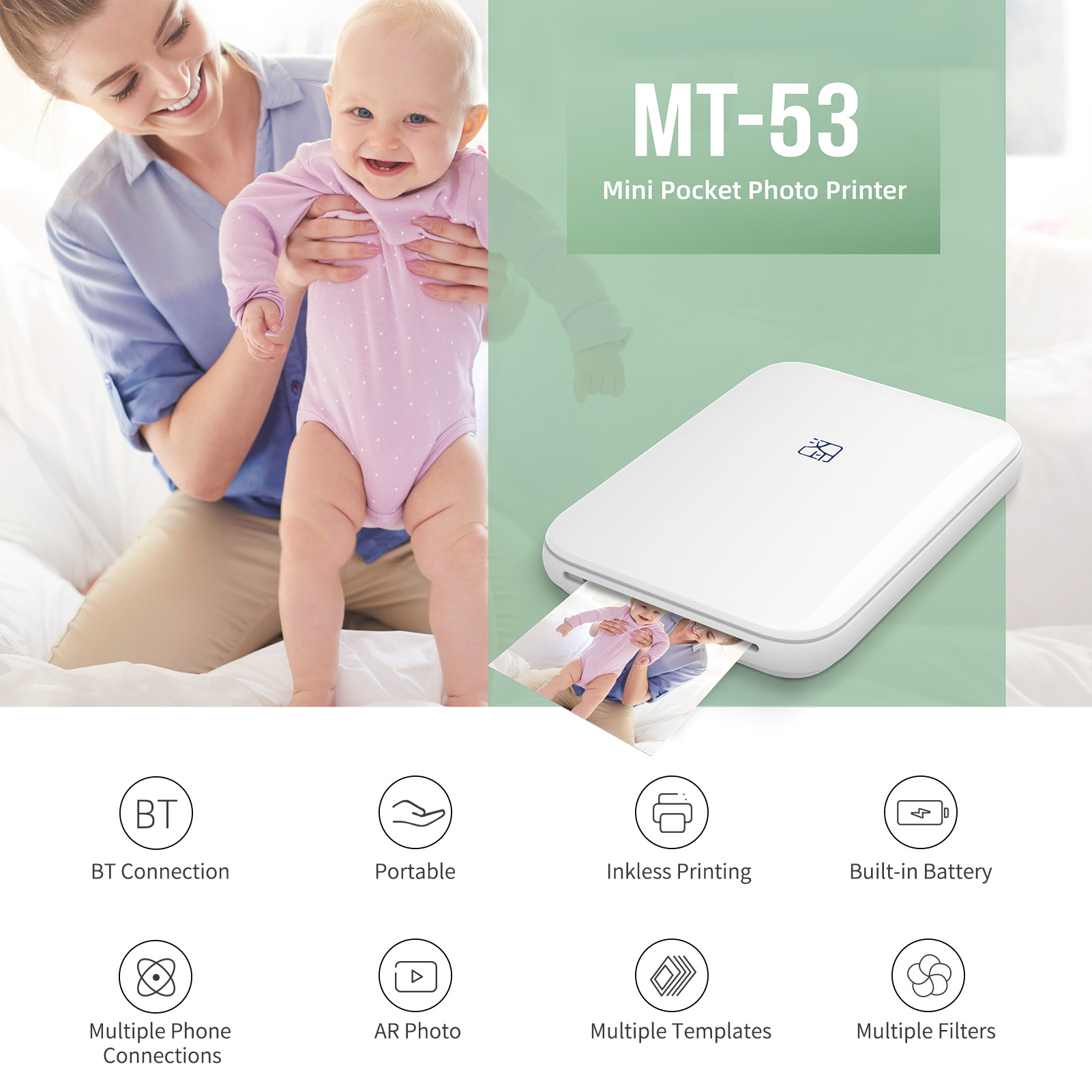 HPRT 2*3inch Compact Portable Mini Color Photo Printer MT53 HD Zink Paper 550mAh Share Creative DIY for Students Office Travel