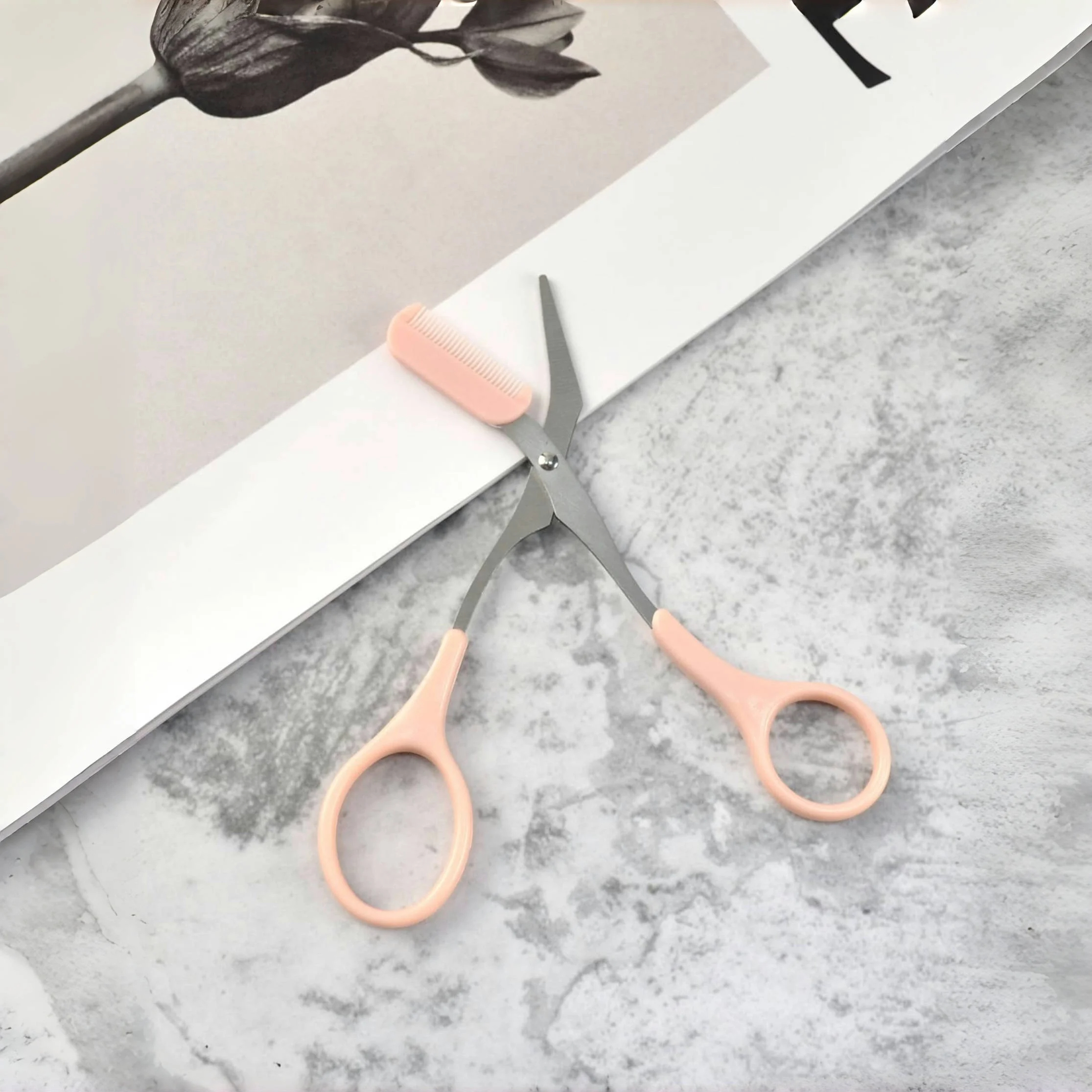 Pink eyebrow trimming scissors with built-in comb - stainless steel, precise grooming tool, creating perfect eyebrows - Image 2