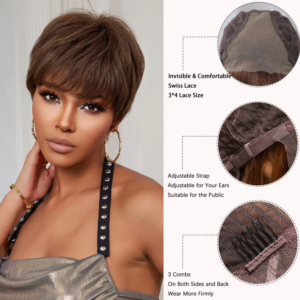 Remy Human Hair Wigs for Women Brown Pixie Cut Lace Frontal Wigs Short Straight Layered Bob Wigs with Bangs HD Transprent Lace